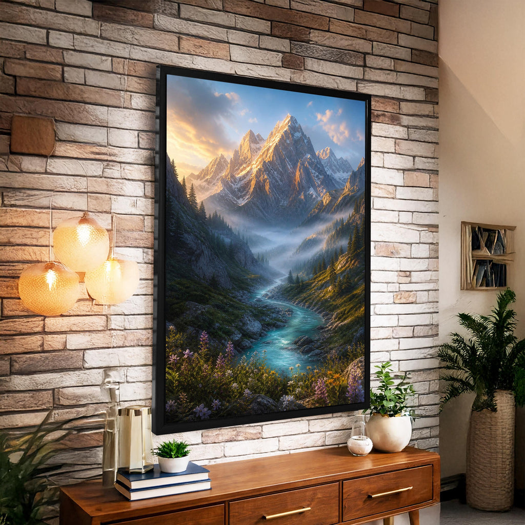 a large framed picture of a mountain landscape with a river, hanging on a brick wall in a room with a wooden table and various decorative items.