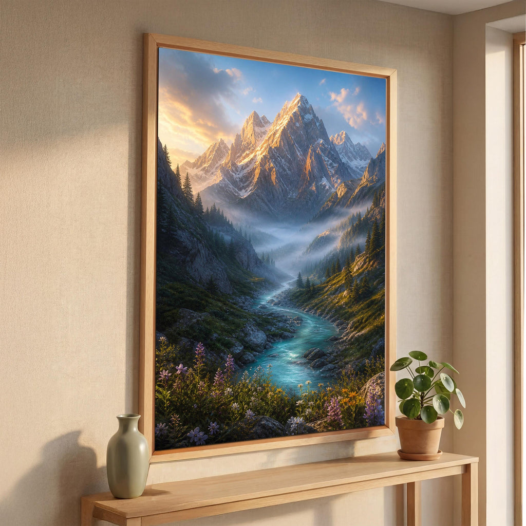 a large framed painting of a mountainous landscape with a river, surrounded by trees and flowers. The painting is hung on a wall above a wooden table with a vase and a potted plant.