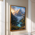 a breathtaking mountain landscape with a winding river flowing through the valley, surrounded by lush greenery and vibrant flowers. The sky above is a beautiful shade of blue, with the sun shining brightly, casting a warm glow over the entire scene.