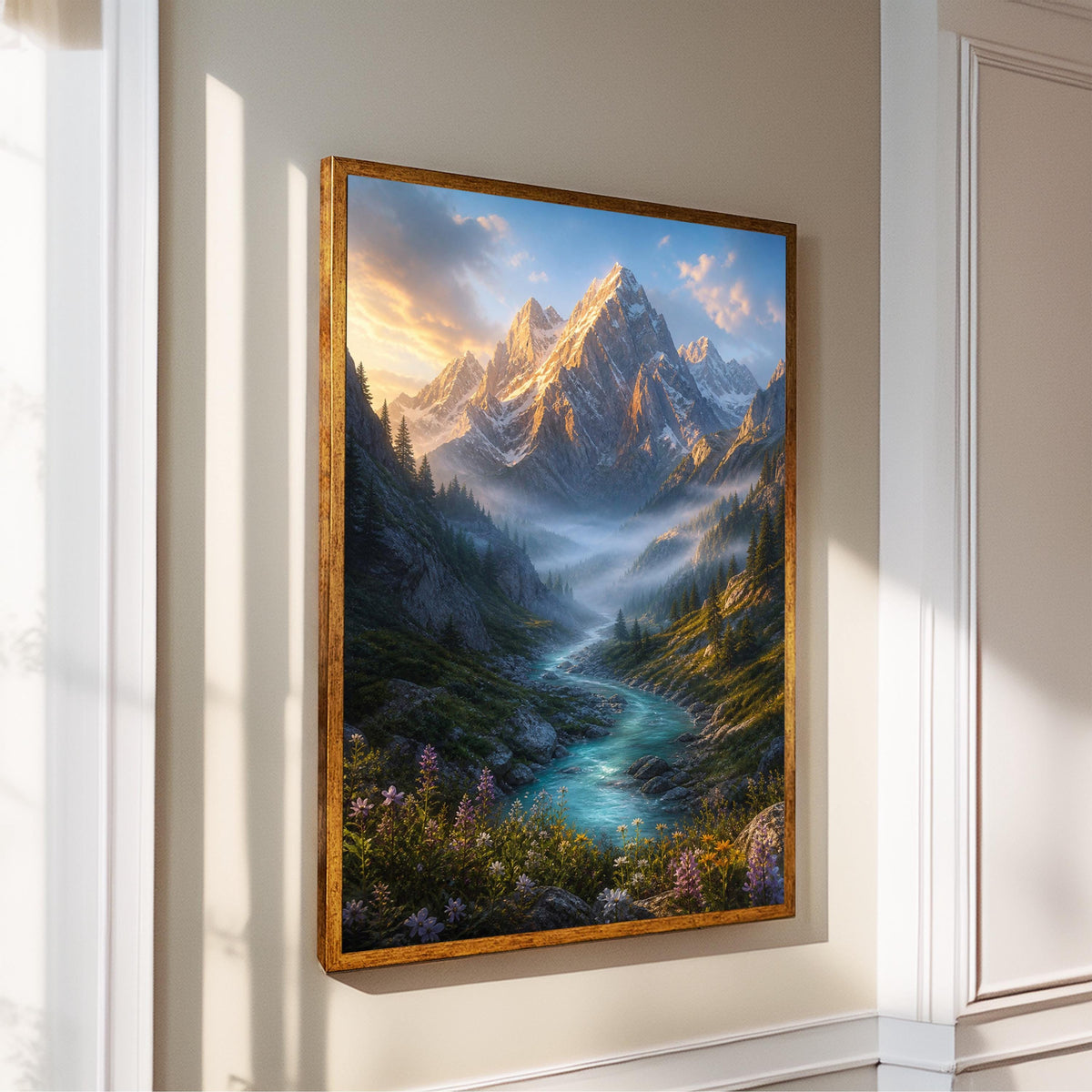 a breathtaking mountain landscape with a winding river flowing through the valley, surrounded by lush greenery and vibrant flowers. The sky above is a beautiful shade of blue, with the sun shining brightly, casting a warm glow over the entire scene.