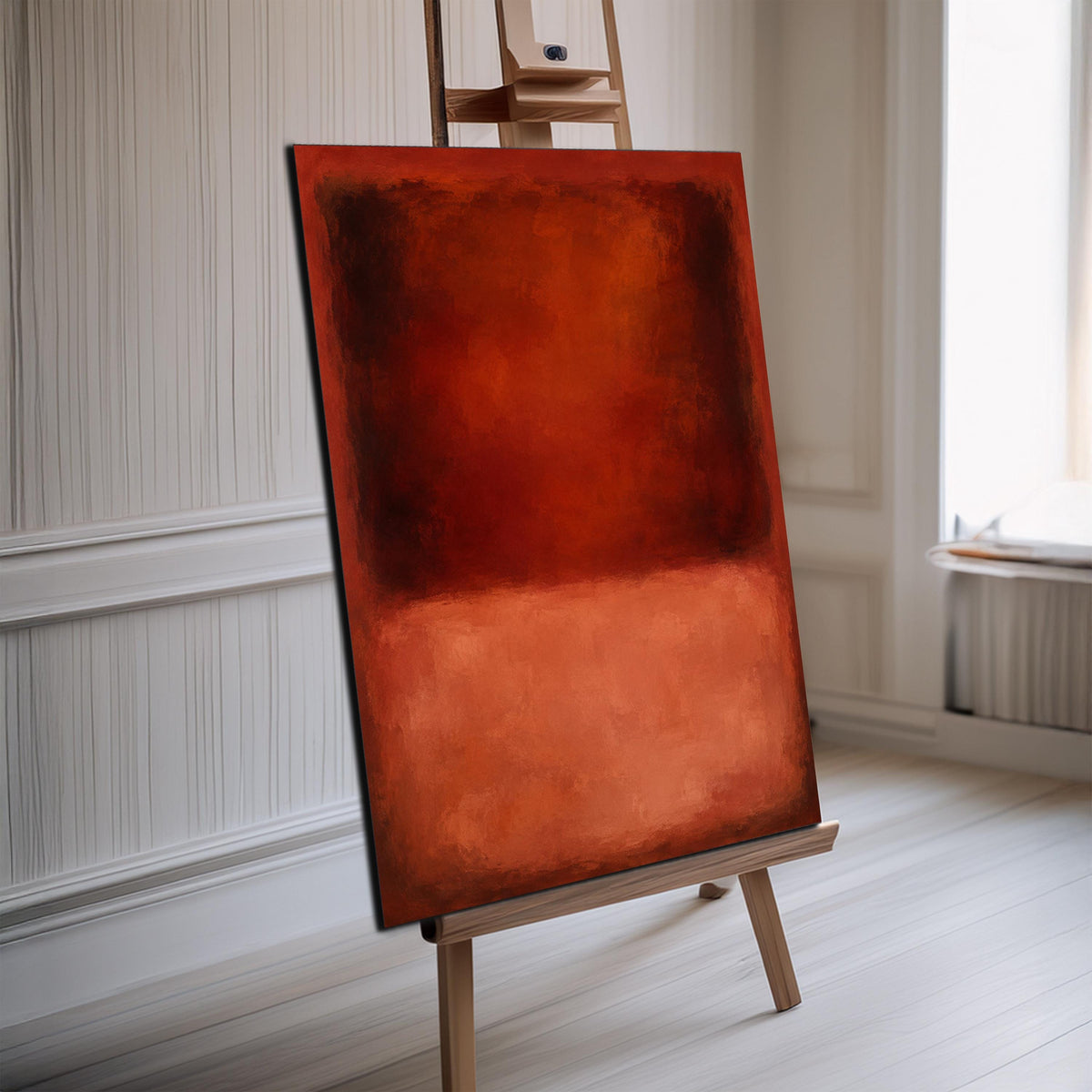 a large, vibrant red abstract painting displayed on an easel in a room with white walls and a wooden floor.