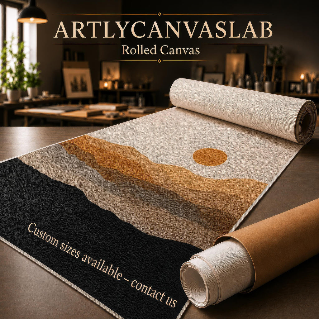 a rolled canvas with a landscape design, including mountains and a sun, on a table. The text "Artyly Canvas Lab Rolled Canvas" is displayed above the canvas, and "Custom sizes available - contact us" is written on the rolled-up canvas.