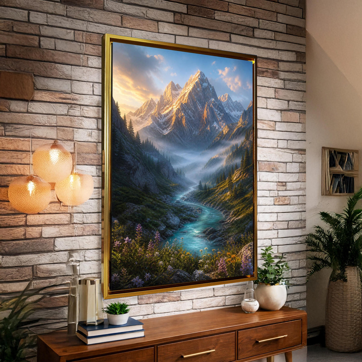 a large framed painting of a mountain landscape with a river, hanging on a brick wall in a room with a wooden dresser and potted plants.