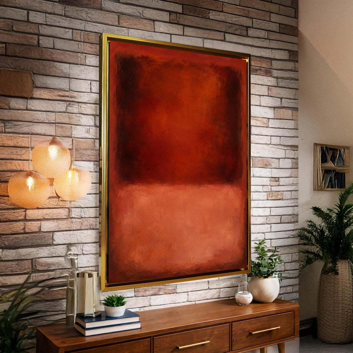 a large, vibrant red abstract painting hanging on a brick wall, with a wooden dresser below it. The dresser has a few decorative items on it, including a potted plant, a vase, and a stack of books. The room also has a few other plants and lamps, creating a cozy and inviting atmosphere.