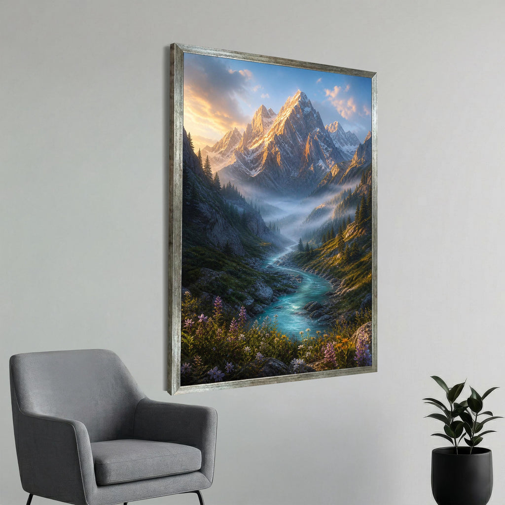 a large framed painting of a mountain landscape with a river flowing through it, hanging on a wall next to a gray armchair.