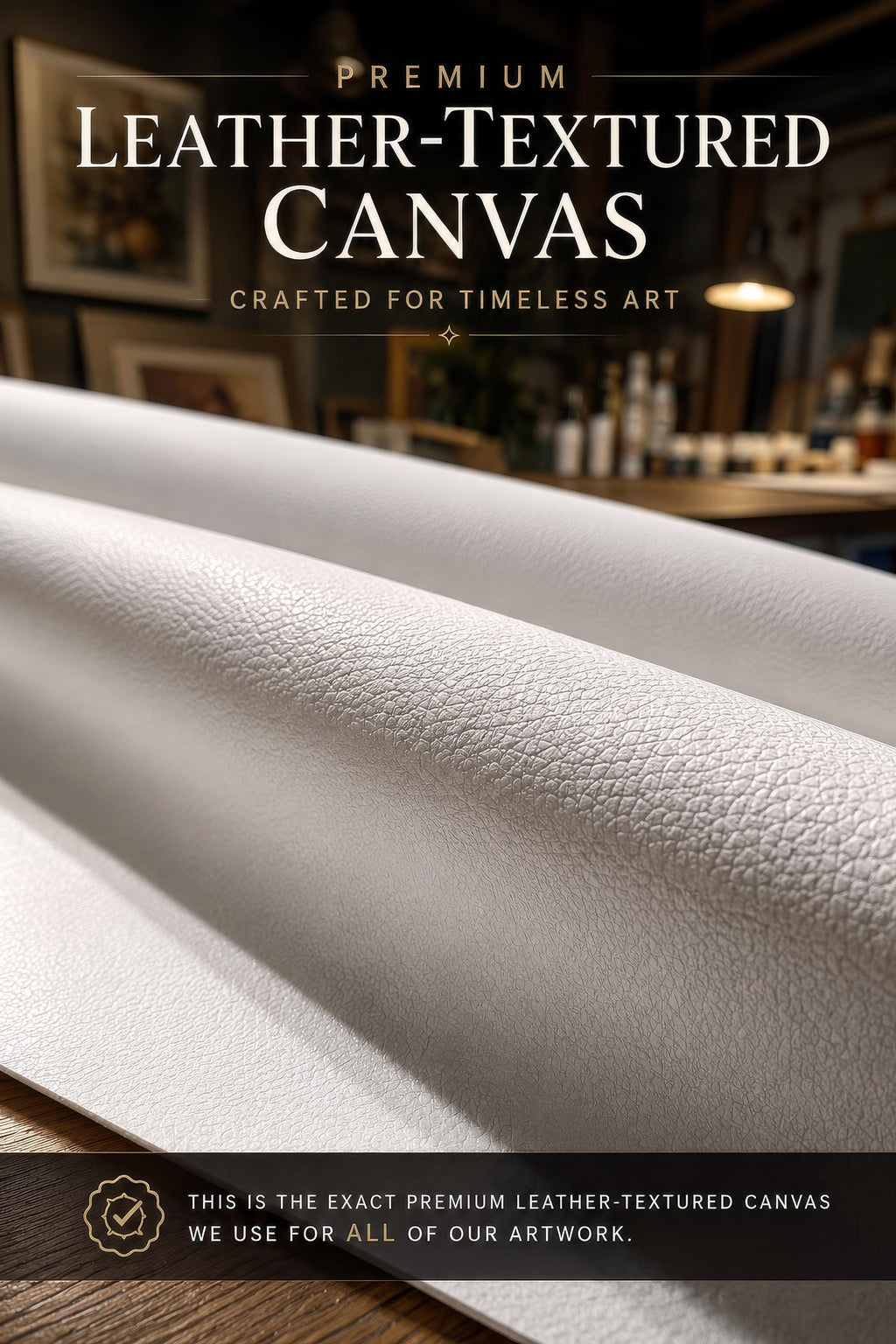 The image is a close-up of a premium leather-textured canvas, showcasing its texture and quality.