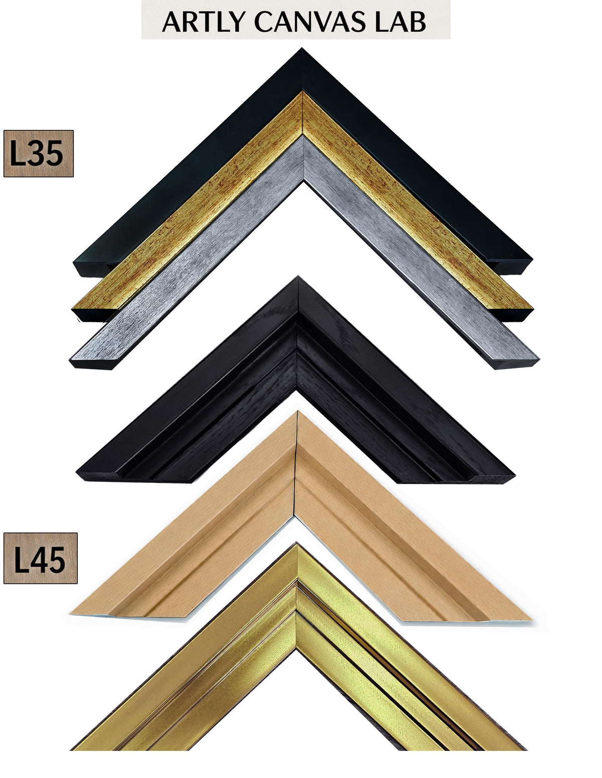 a collection of various framed artworks, each with a different frame color and style.