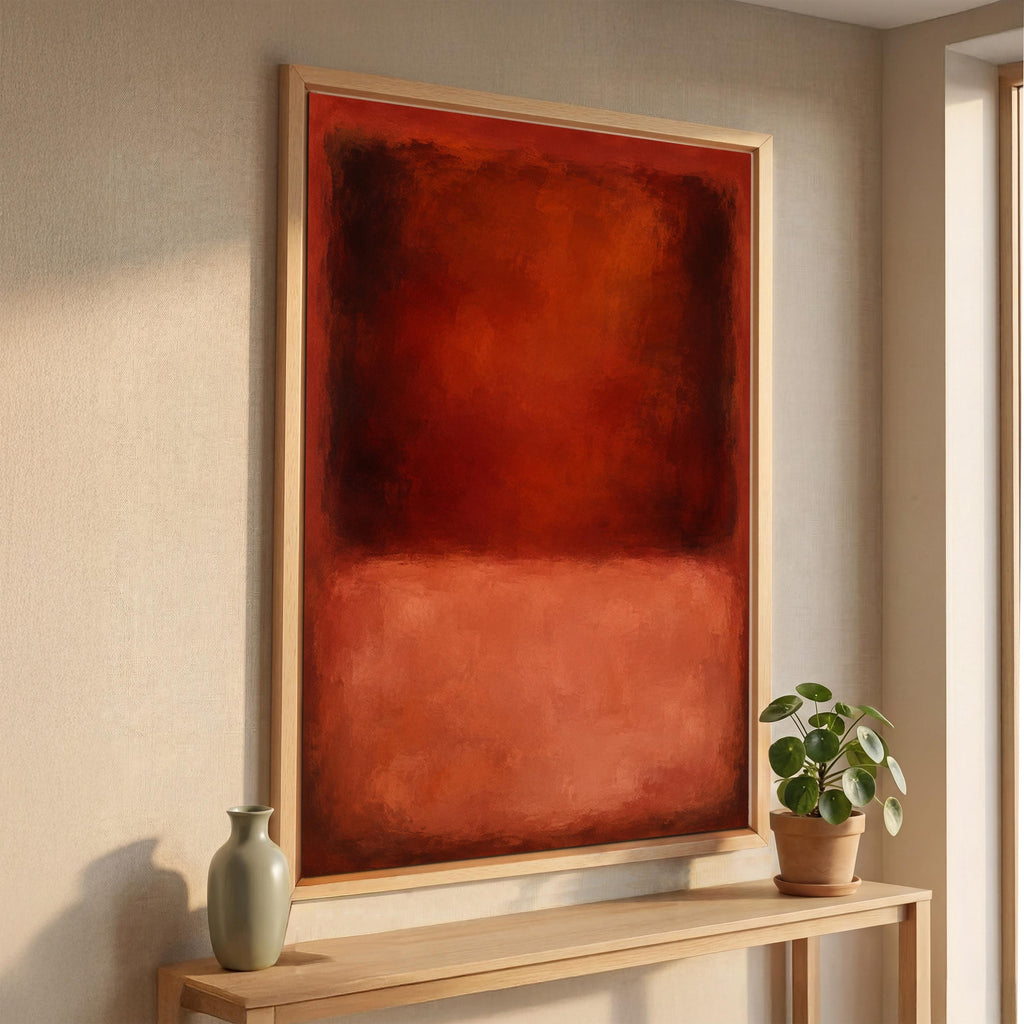 a large, vibrant red abstract painting hanging on a wall above a wooden console table. The table has a small plant on it, and there is a gray vase placed on the table as well.