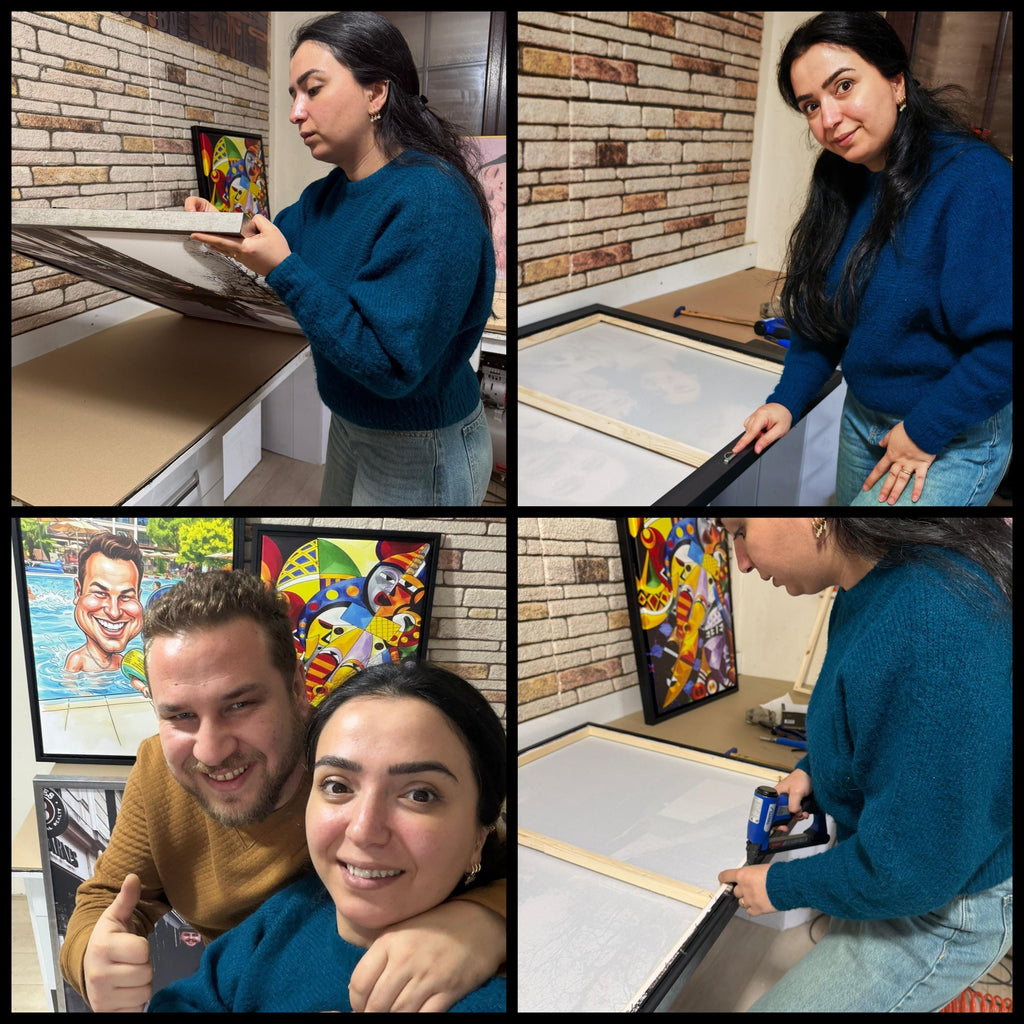 The image is a collage of four photos depicting a woman in a blue sweater working on a painting, a man posing for a photo, and a woman posing for a photo.
