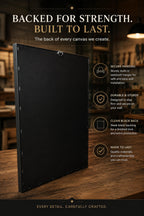 a black canvas with text and icons highlighting its features, such as being securely hung, durable, and having a sleek black backing.