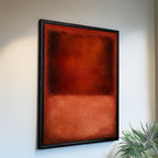 a large, vibrant red abstract painting hanging on a white wall.