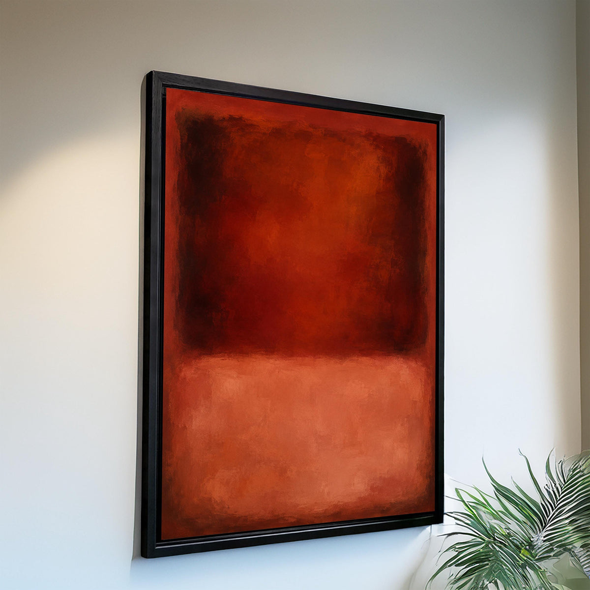 a large, vibrant red abstract painting hanging on a white wall.