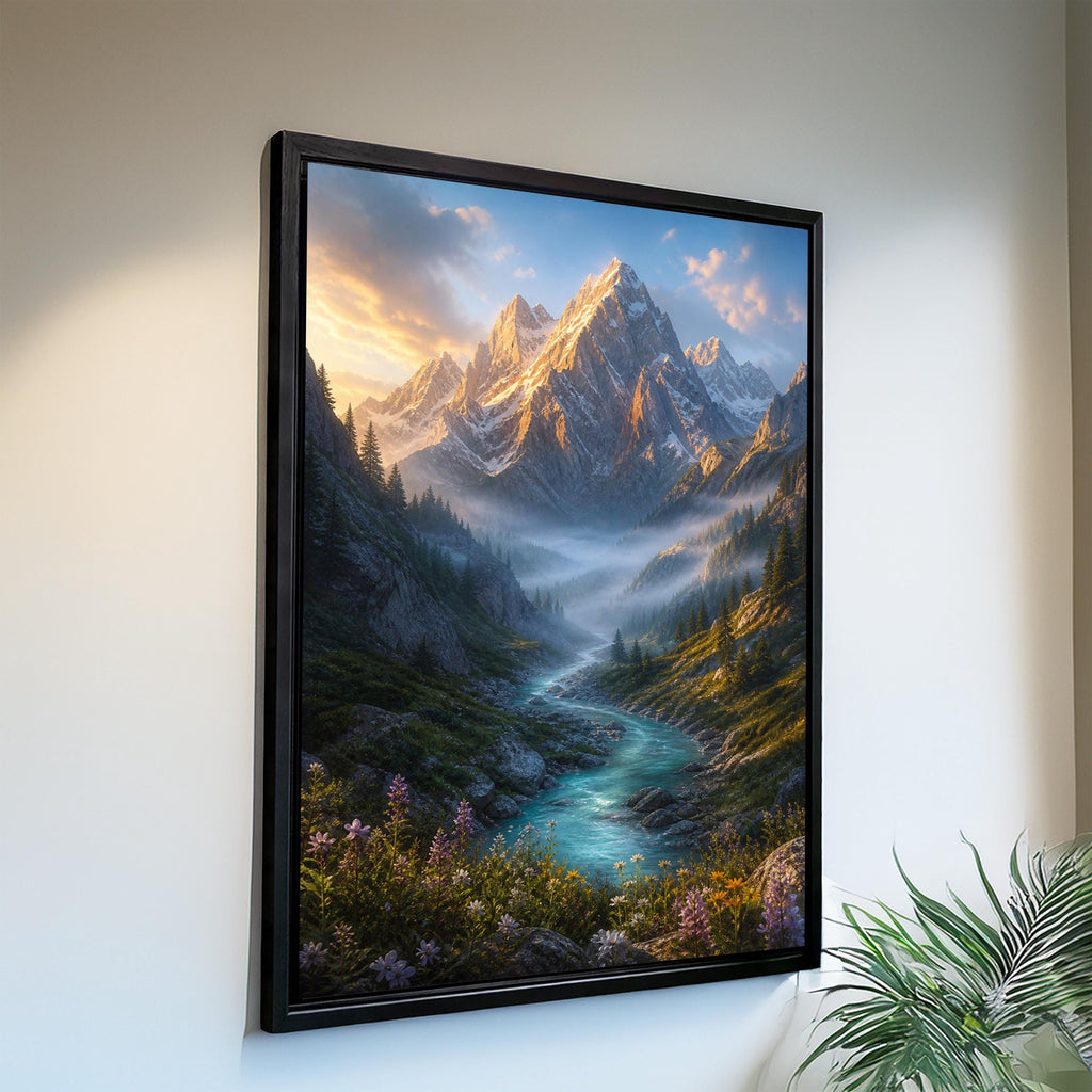 The image is a framed painting depicting a breathtaking mountain landscape with a winding river, lush vegetation, and a stunning sunset sky.