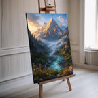 a breathtaking mountain landscape with a river flowing through it, surrounded by lush greenery and vibrant flowers.