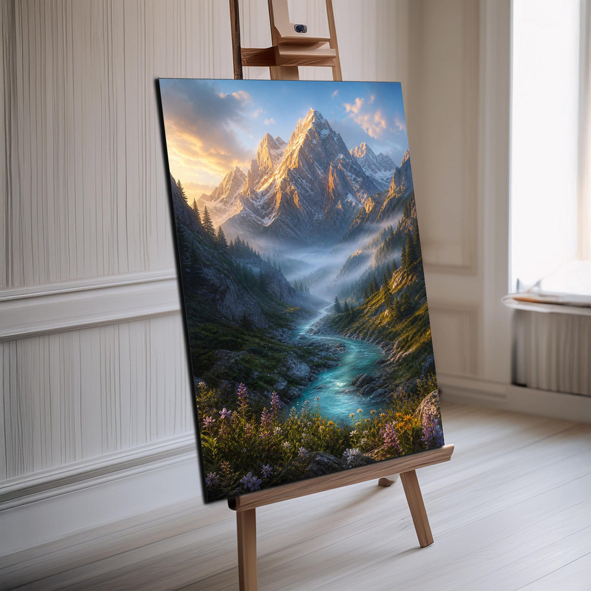 a breathtaking mountain landscape with a river flowing through it, surrounded by lush greenery and vibrant flowers.